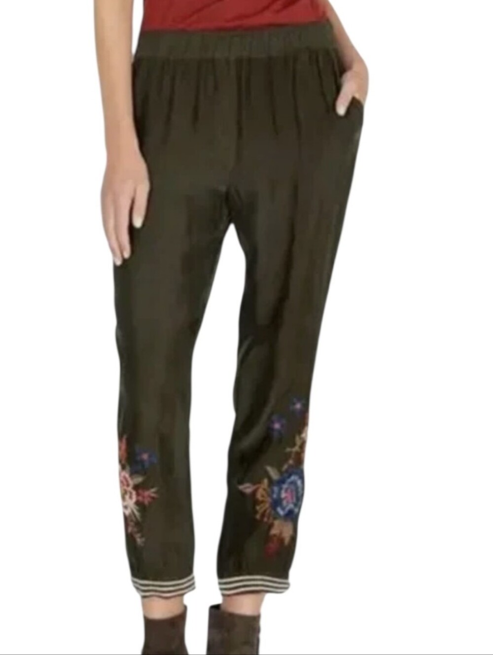 Johnny Was Olive Green Margo Satin Embroidered Jogger Pants Boho M - Picture 1 of 9